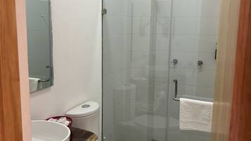 A modern bathroom with a glass-enclosed shower, a white toilet, and a vanity with a sink and mirror.