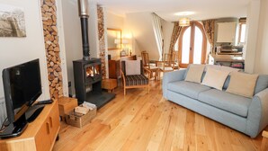 A cozy living room with a fireplace, a sofa, a TV, and a dining area.