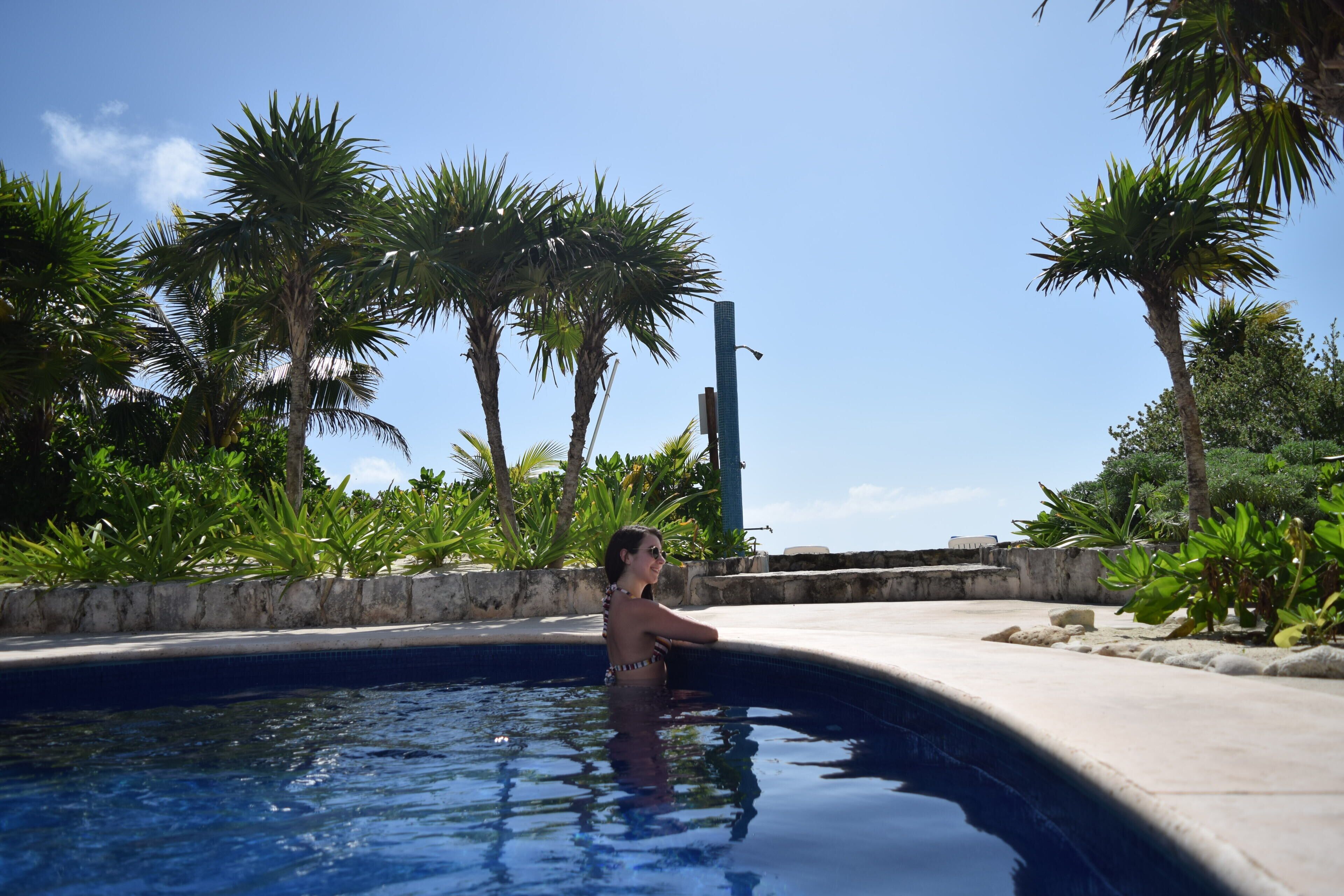 Une piscine avec une personne dans l’eau, entourée de palmiers et sous un ciel dégagé.