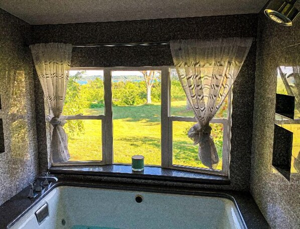 A bathroom with a large window, a bathtub, and a view of a green landscape. - Come to where the colors surround you!Gorgeous Country and water Views, tranquil (Williamsburg)