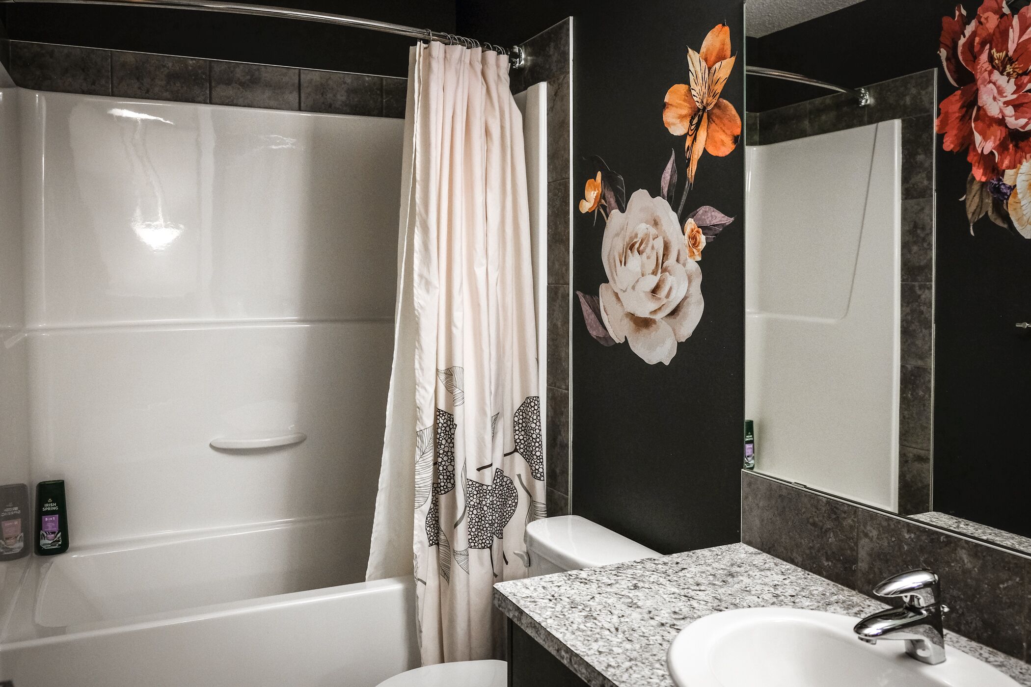 A bathroom with a shower, a sink, and a mirror.