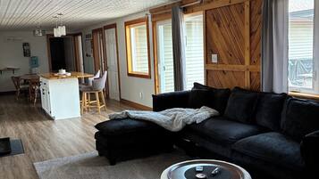 Smart TV, fireplace, DVD player, books