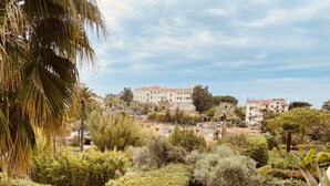 A landscaped garden with manicured bushes and a stone pathway. - Large studio in Cannes-MON2 (CANNES)