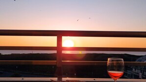 A sunset view from a balcony with a glass of red wine and a bird on the table. - House Brandenburg App. 43 with lake view - 2 room apartment with breathtaking views (Sylt)