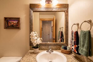 A bathroom with a large mirror, a sink, a potted orchid, and towels hanging on a rack.