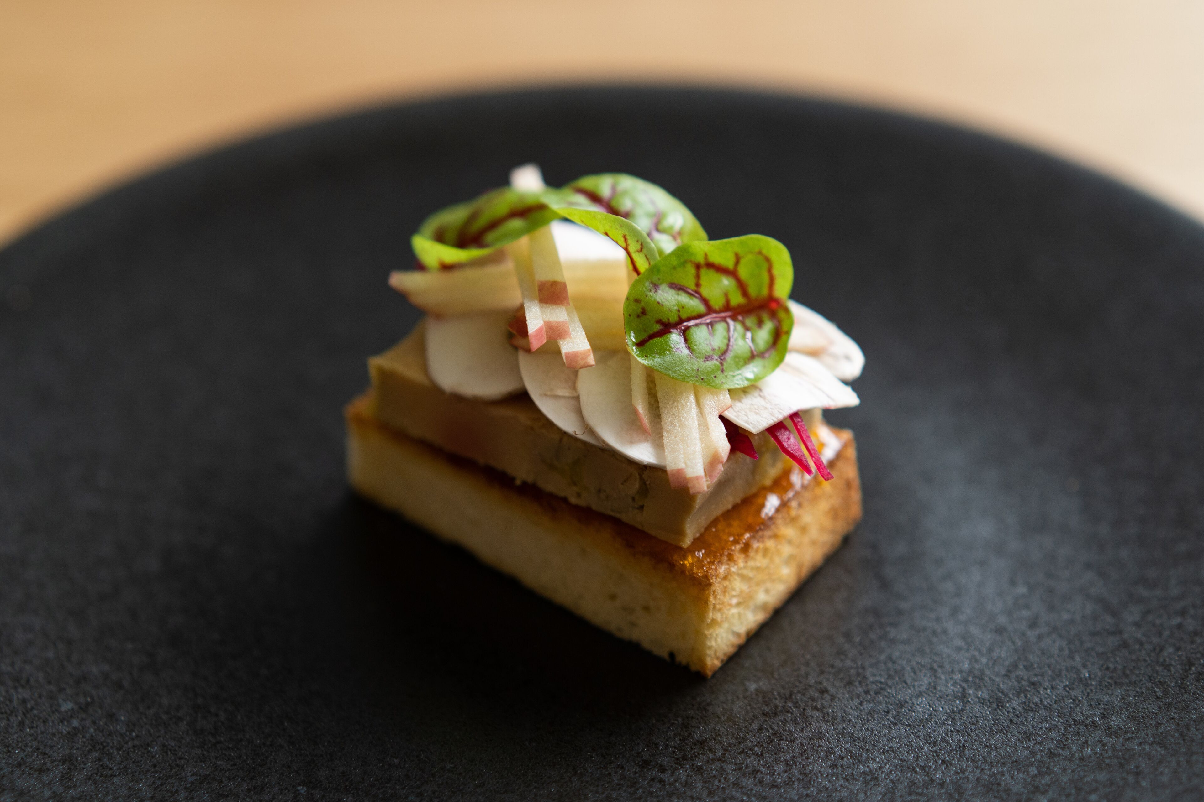Un trozo pequeño y cuadrado de pan cubierto con vegetales en rodajas finas y una ramita como adorno, sobre un plato oscuro.