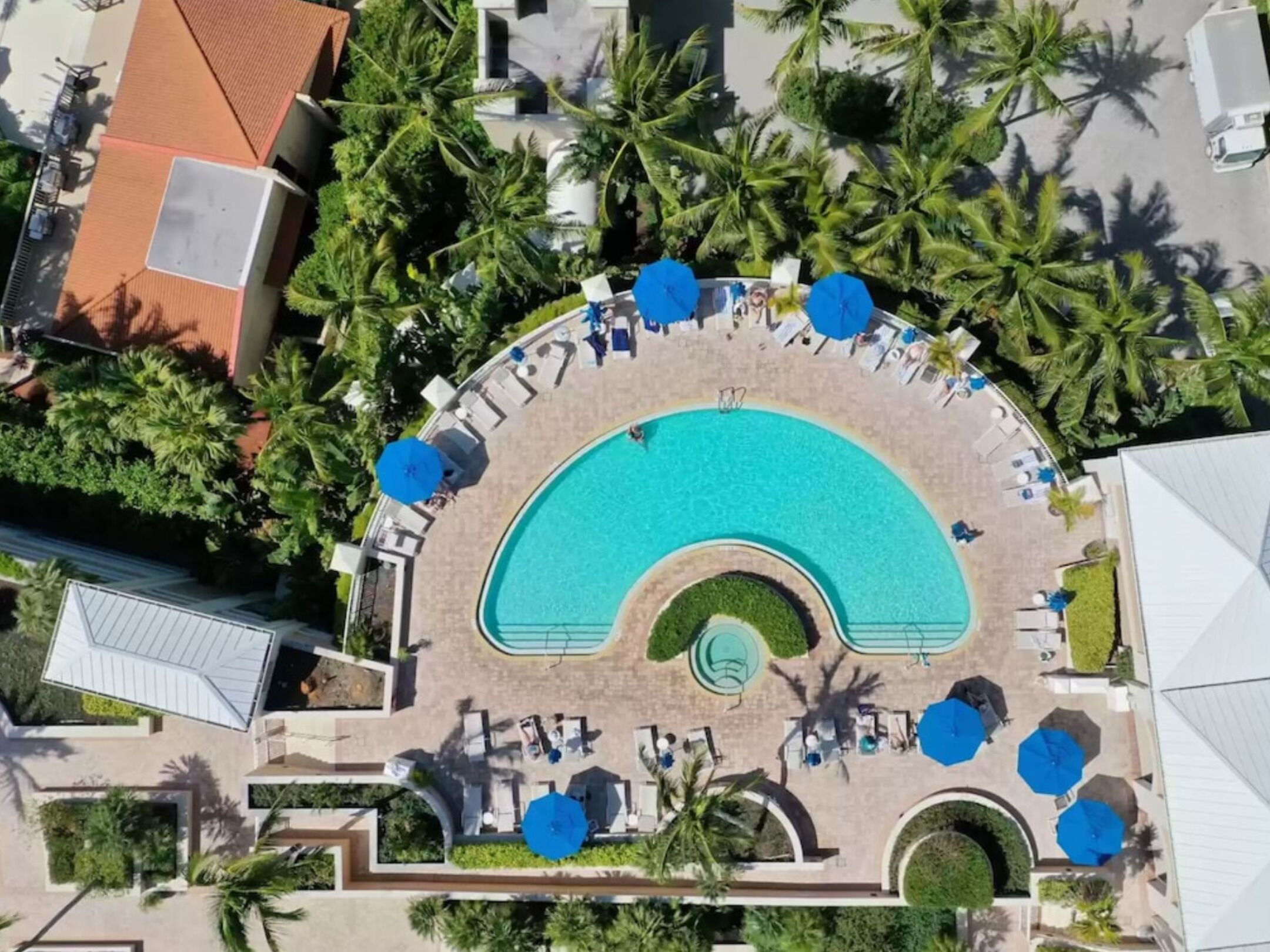 Vista aérea de un resort con una amplia piscina semicircular rodeada de palmeras y tumbonas.