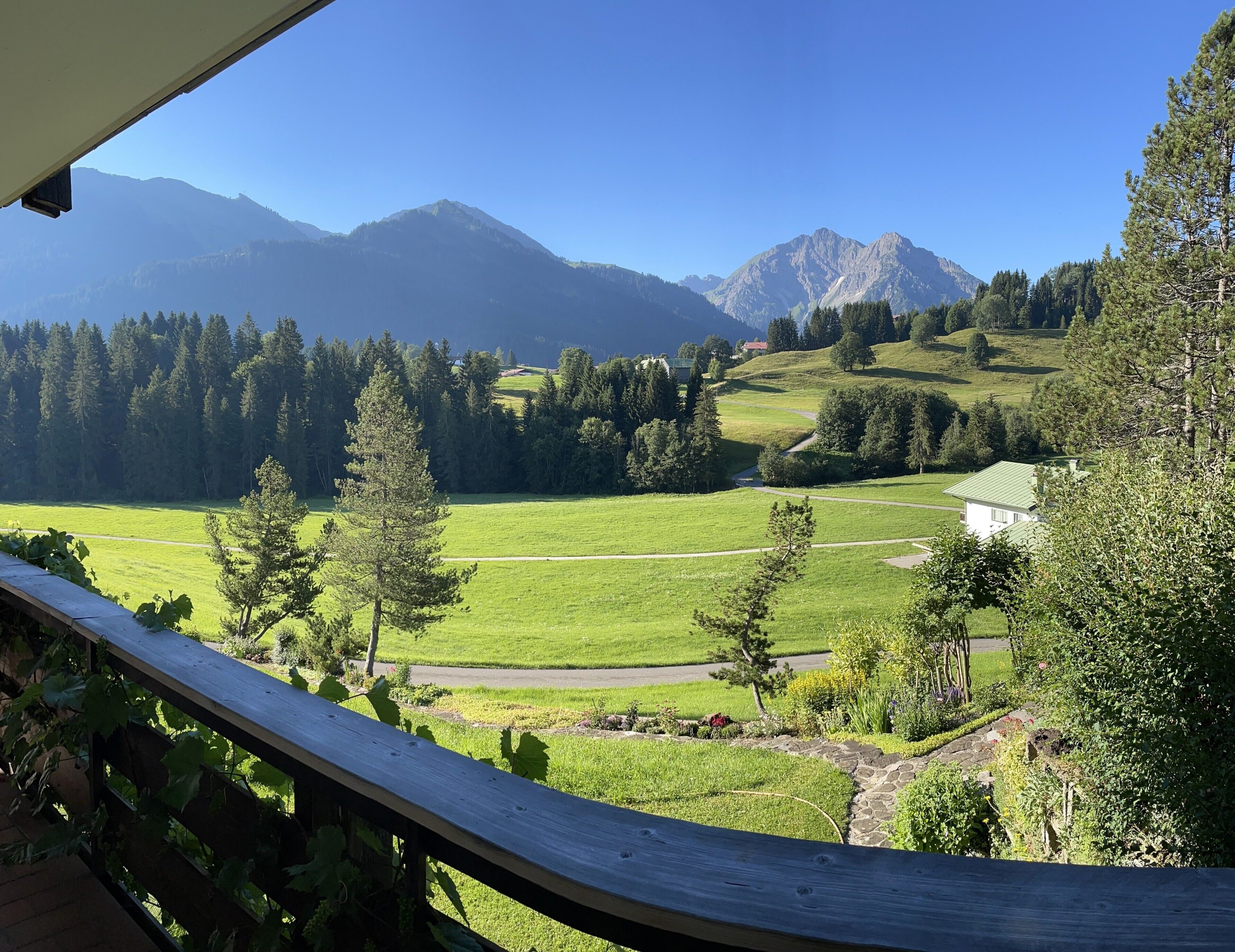 Ein Balkon mit Blick auf ein grünes Feld, Bäume und Berge.