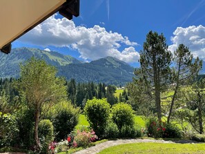 A mountainous landscape with a clear sky, lush greenery, and a stone pathway. - Holiday Apartment Fewo 2 am Auweg with Moutain View, Shared Garden & Wi-Fi (Hirschegg)