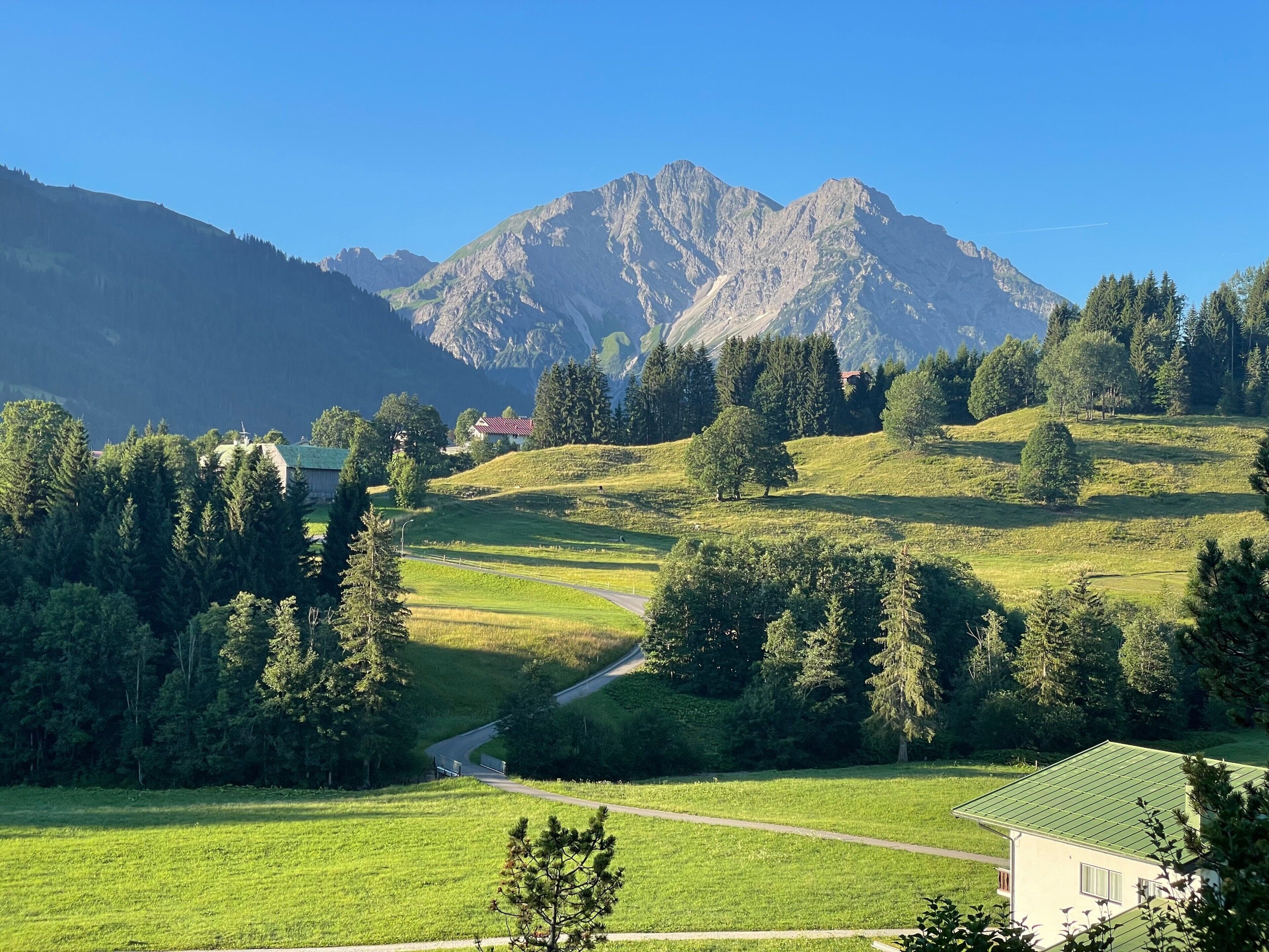 A rural landscape with a mountain, trees, and a small building.