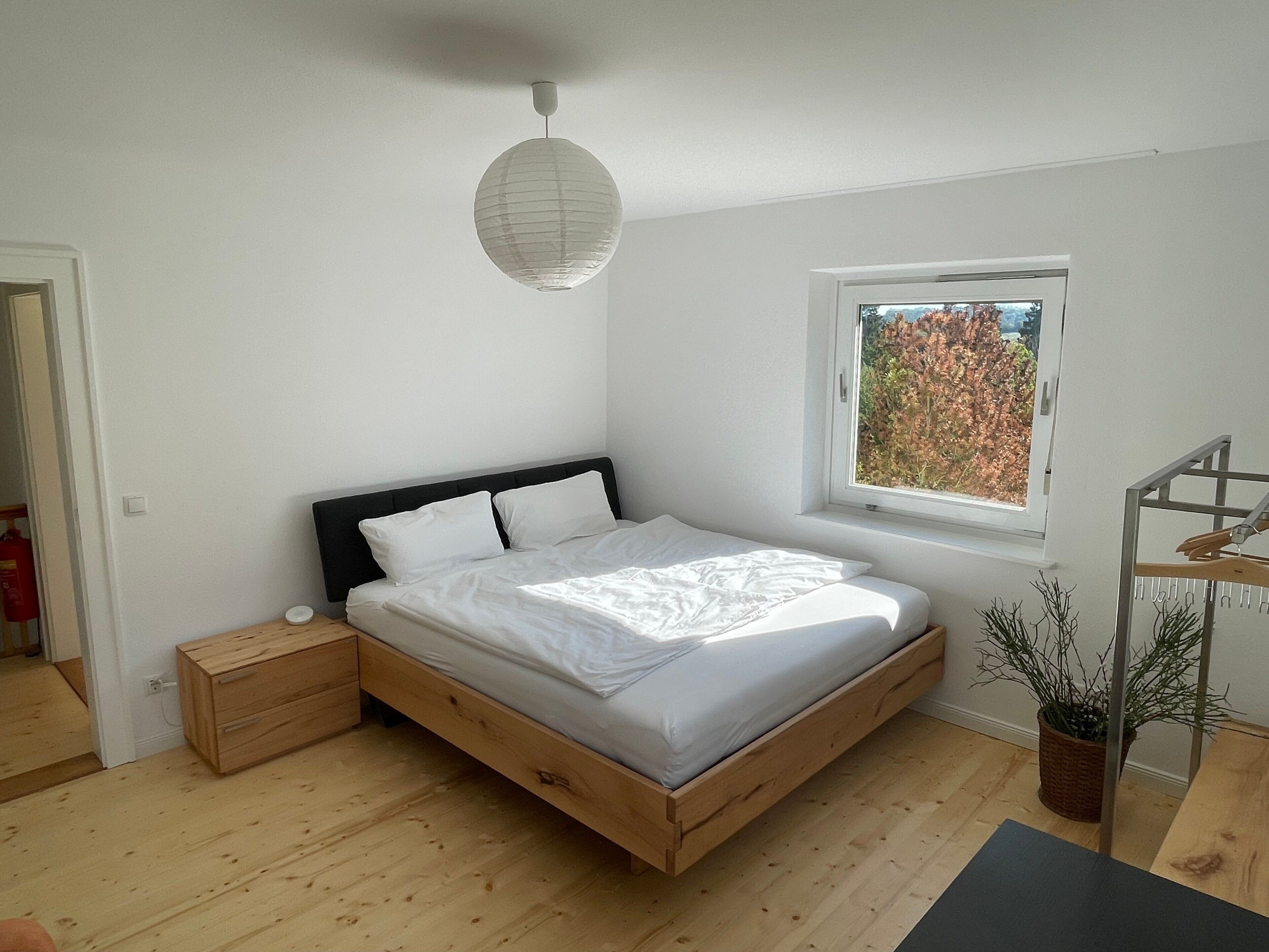 A bedroom with a wooden bed, a bedside table, a hanging light fixture, a window with a view, and a potted plant.