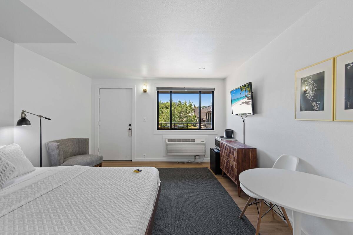 A modern bedroom with a large bed, a desk, a chair, a TV, and a window with a view of greenery.