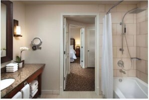 Hair dryer, towels, soap, shampoo