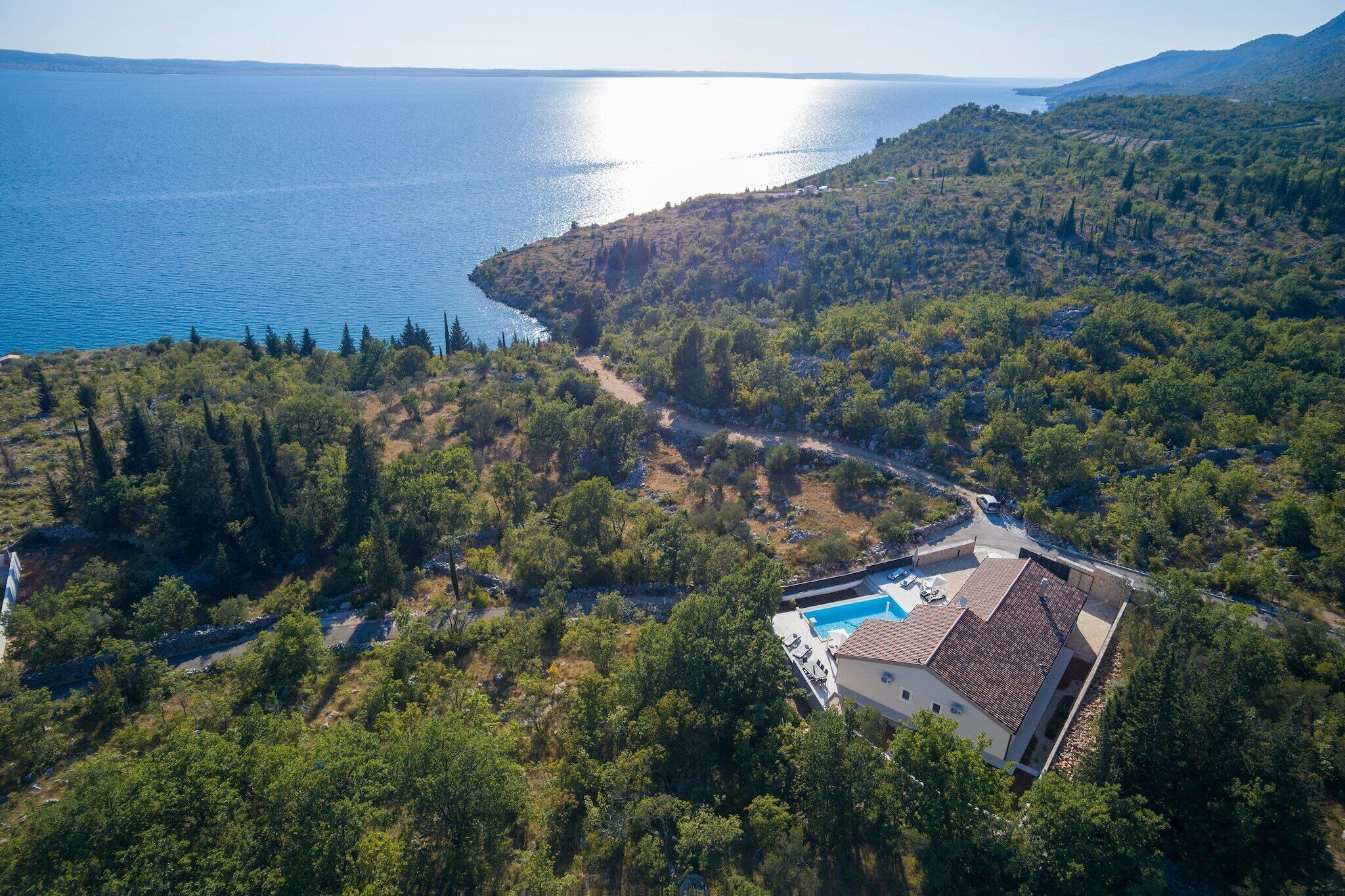 An aerial view of a property with a swimming pool, surrounded by dense forest and a body of water.