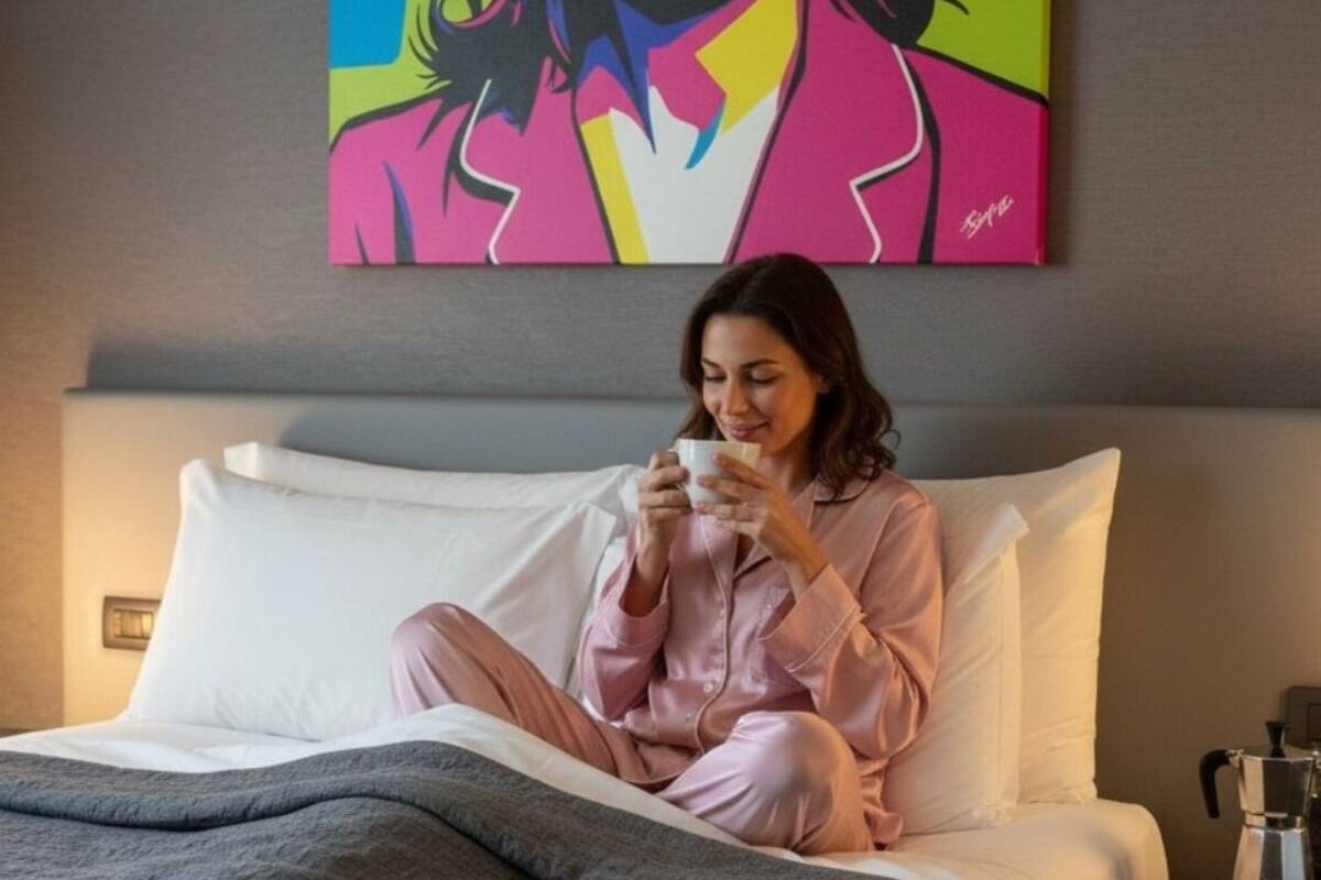 Une personne est assise sur un lit dans une chambre d’hôtel et tient une tasse à la main. La chambre est décorée d’une couvre-lit grise, de coussins blancs et d’un tableau accroché au mur.