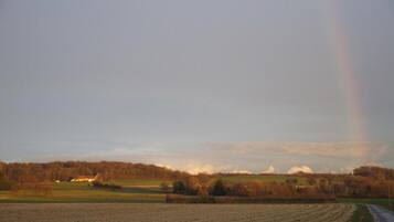 Un paysage rural avec des champs, une route et un arc-en-ciel.