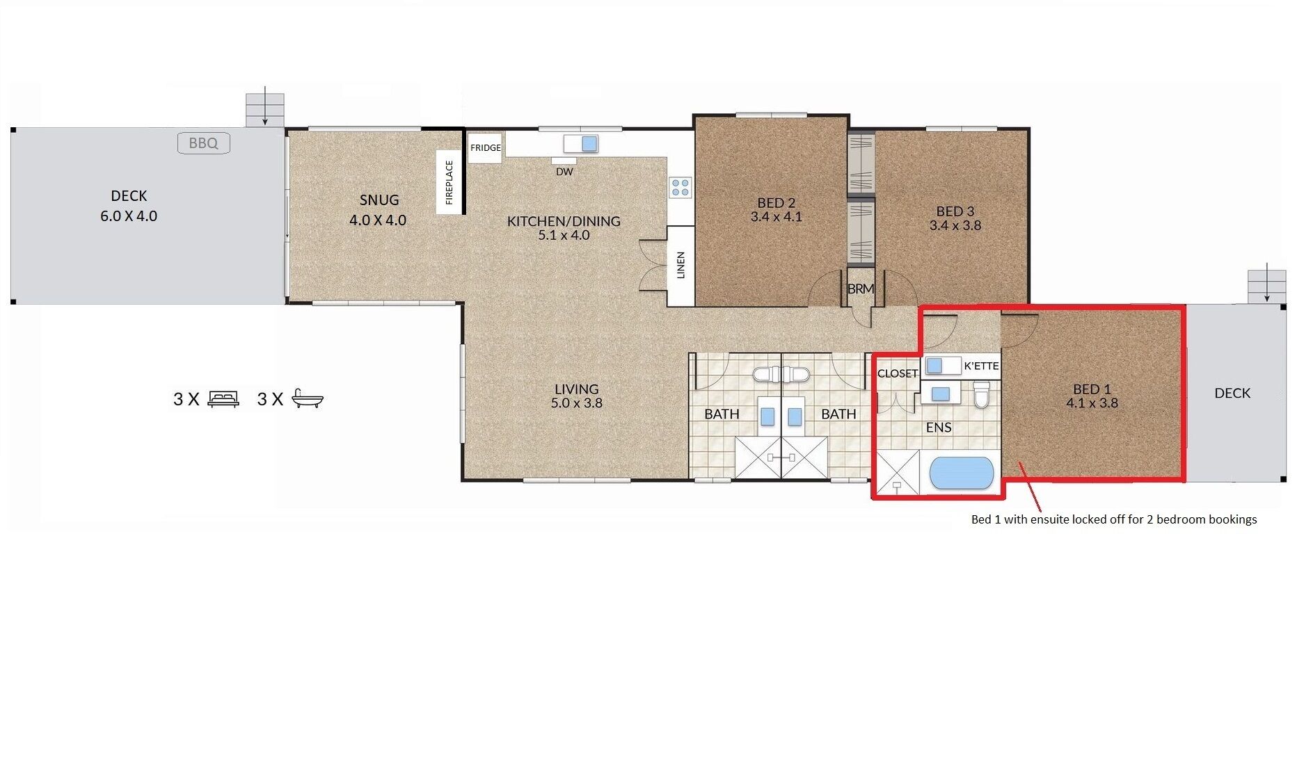 Plan d’étage d’un hôtel comprenant une terrasse, trois chambres, deux salles de bain, une cuisine, un salon et un coin détente.