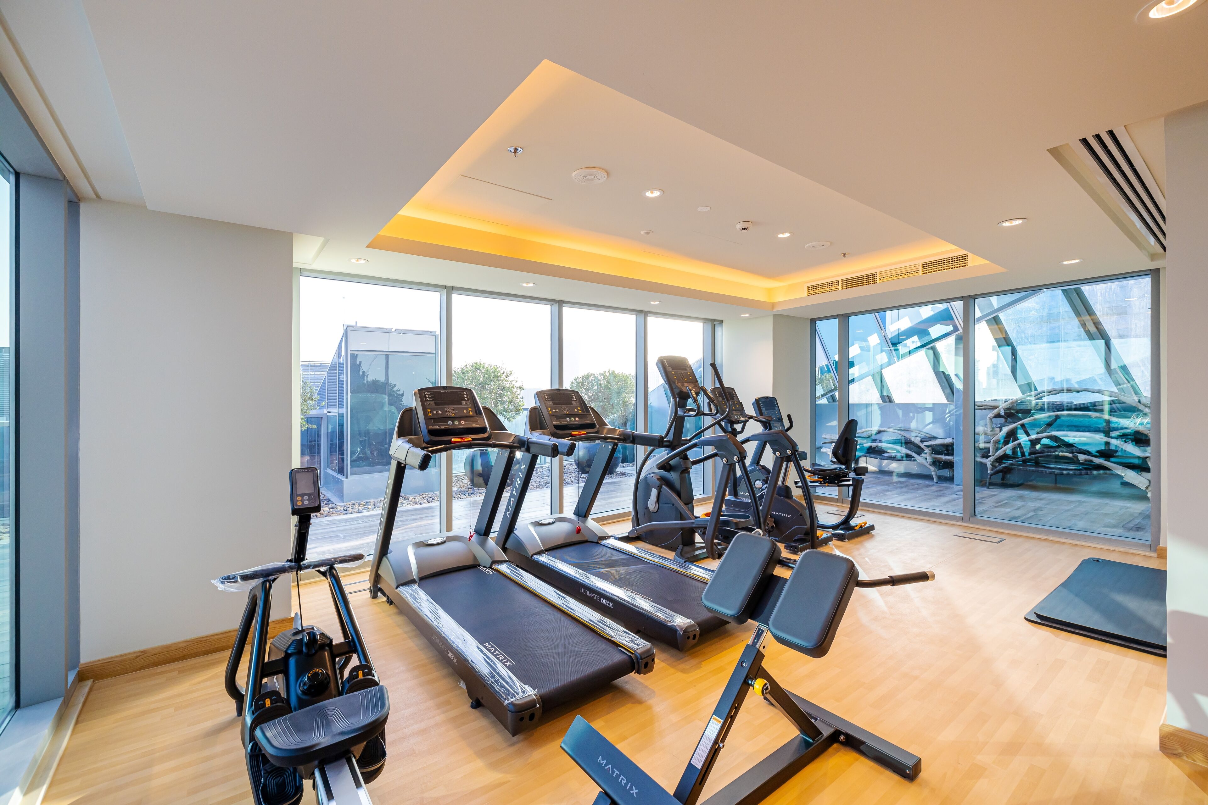 A modern gym with treadmills, elliptical machines, and free weights.