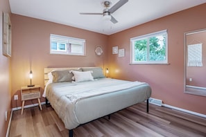 4 bedrooms, memory foam beds, iron/ironing board, travel crib