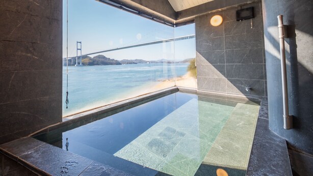 Piscina interior moderna con vista despejada a un puente y al agua exterior.