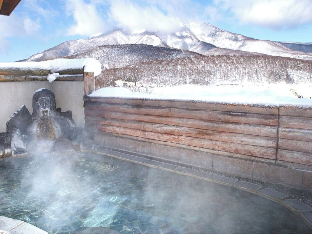 A hot spring area with a wooden wall and a stone sculpture.