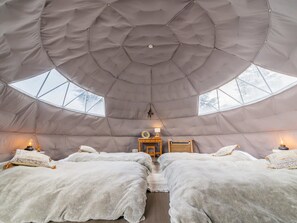 Experience a unique, eco-friendly retreat with a high ceiling and geometric pattern, featuring two beds and a wall-mounted shelf.