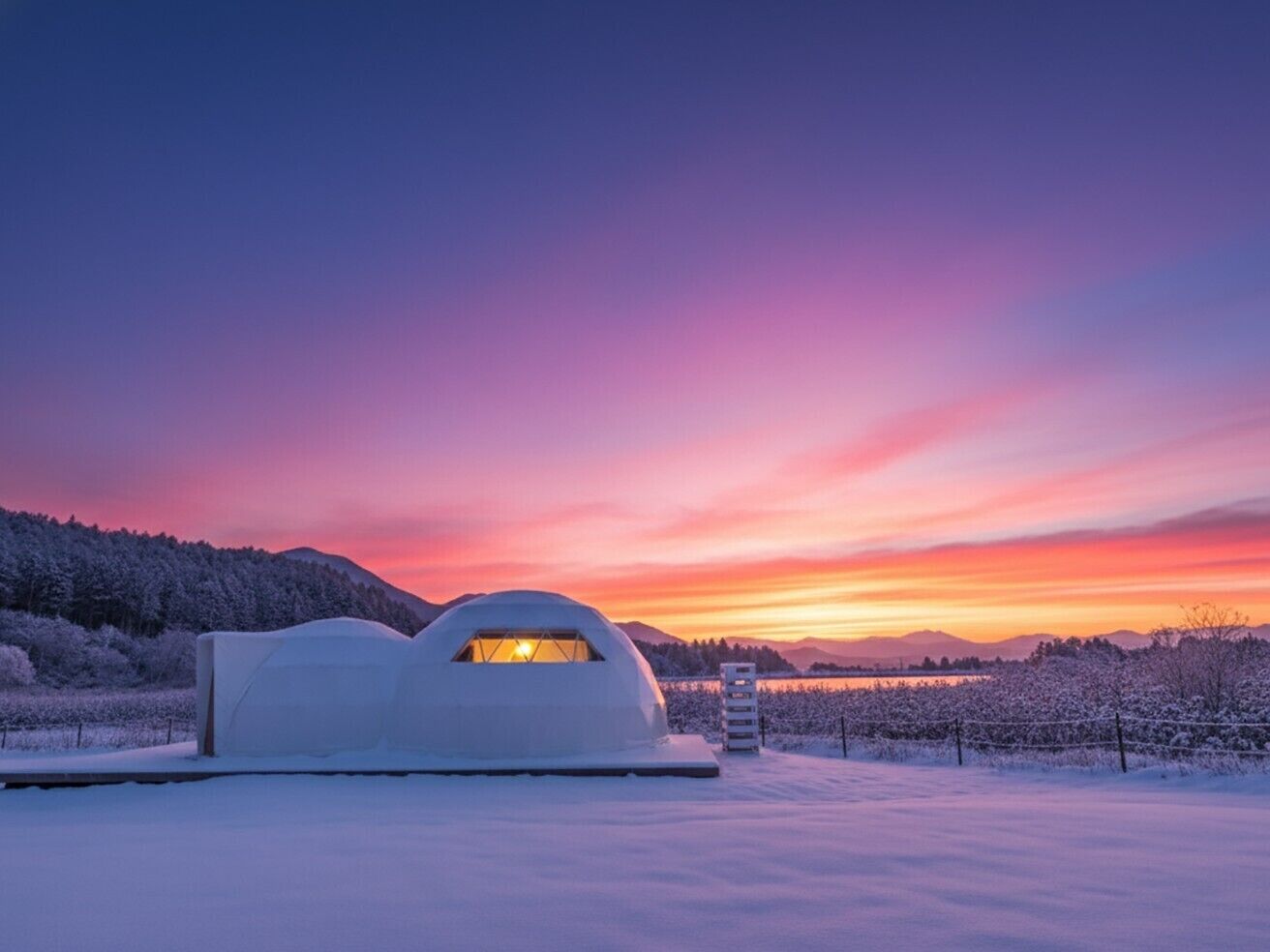 Estructura abovedada con luz interior visible, rodeada de un paisaje nevado y montañas bajo un cielo al atardecer.