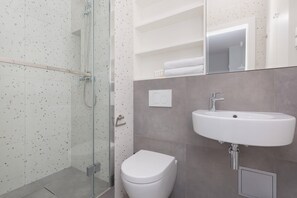 Shower, hair dryer, towels, shampoo