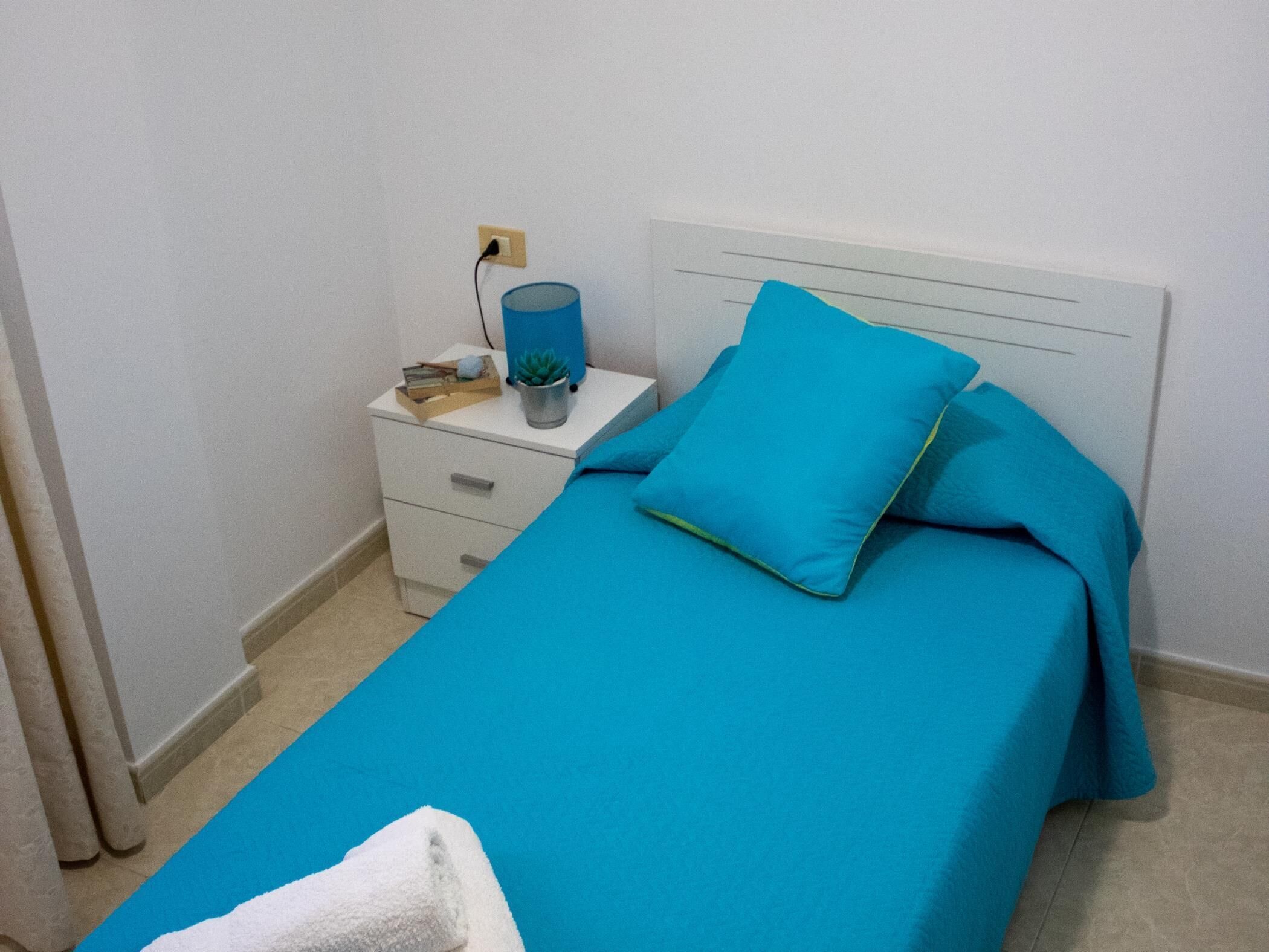 A neatly made bed with a blue bedspread and pillows, a bedside table with a lamp, a small plant, and a power outlet on the wall.