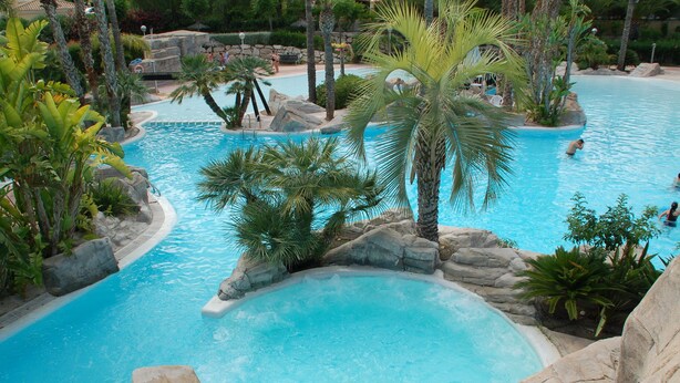 Une grande piscine extérieure divisée en plusieurs zones, entourée de rochers et de palmiers.