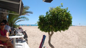 Un restaurant situé en bord de mer, avec une terrasse, un palmier et une vue sur la plage.