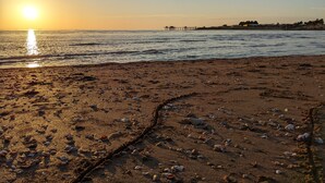 A beach with scattered shells and a pier in the distance during sunset. - Nice little house close to the sea and town center (La Rochelle)