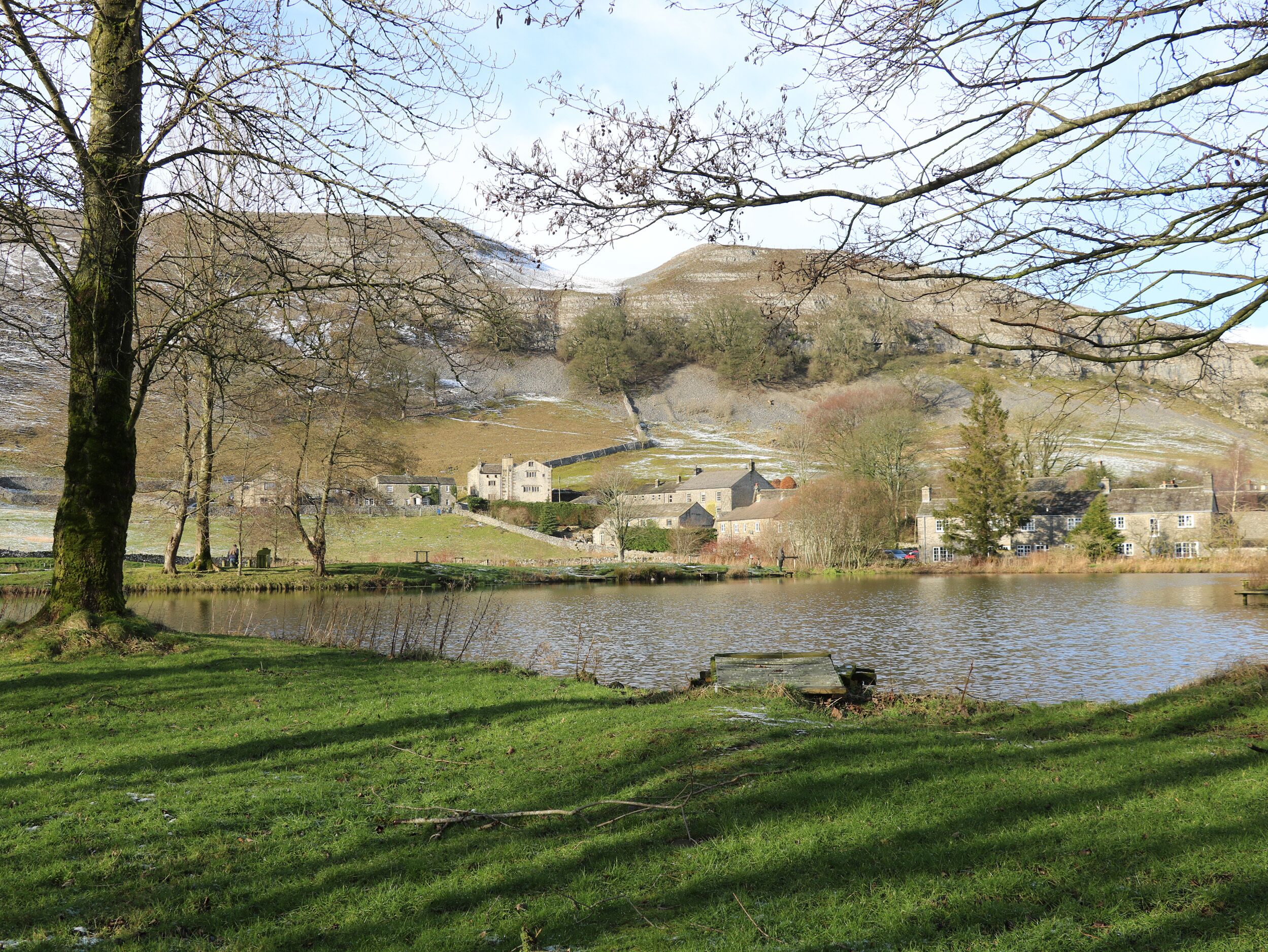 A riverside view with a small building complex, a grassy area, and a tree.