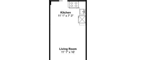 Un plan d’étage d’un studio comprenant une cuisine, un salon et une salle de bain.