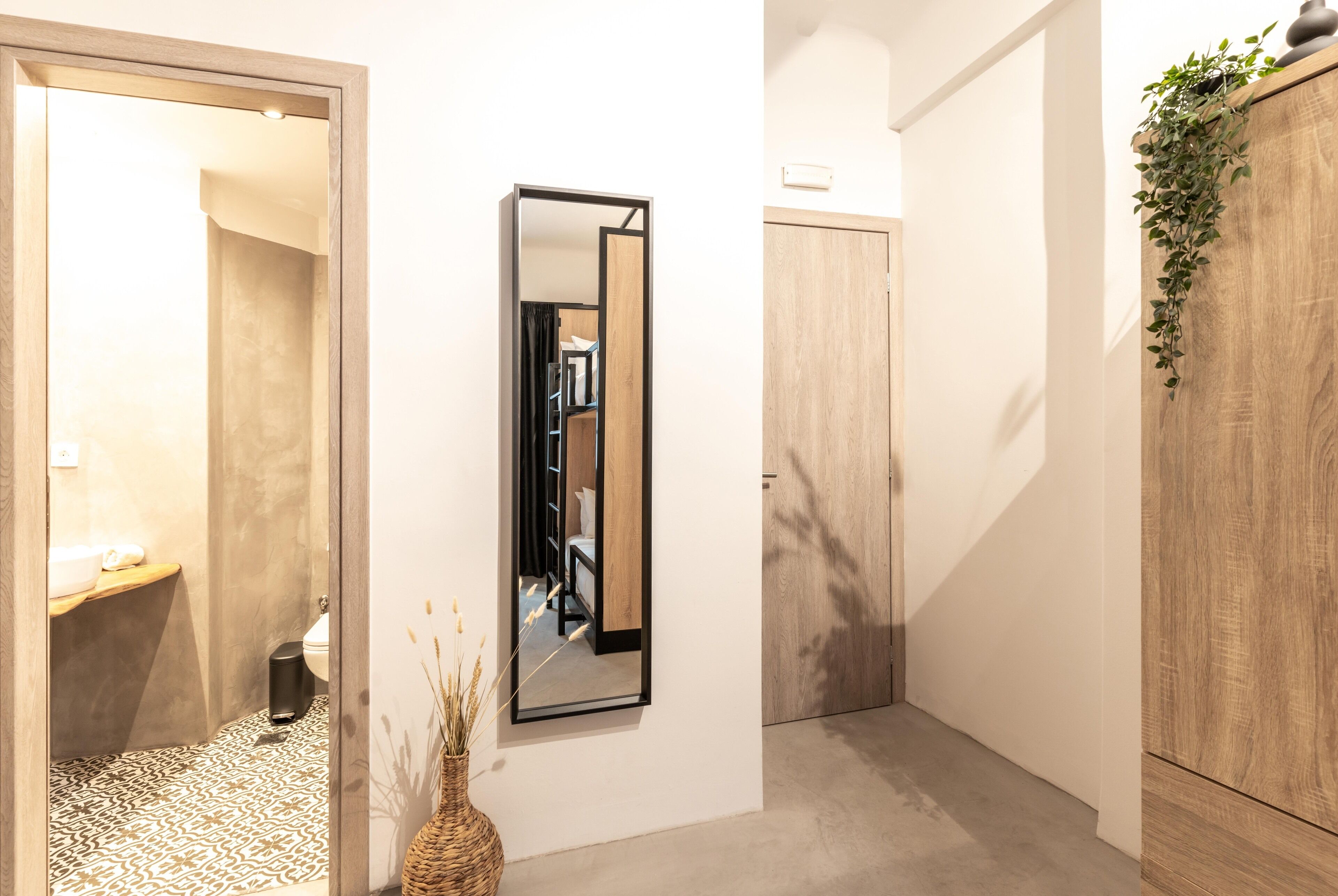 A hallway with a mirror, a wooden wardrobe, and a plant.