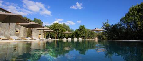 Piscine extérieure, parasols de plage, chaises longues
