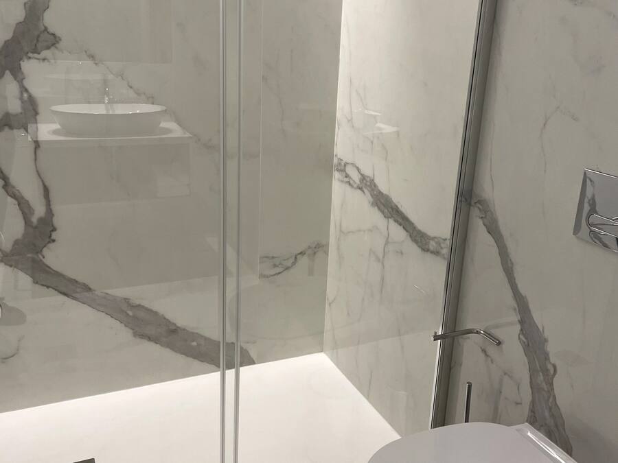 A modern bathroom with a glass-enclosed shower, a white sink, and a toilet.