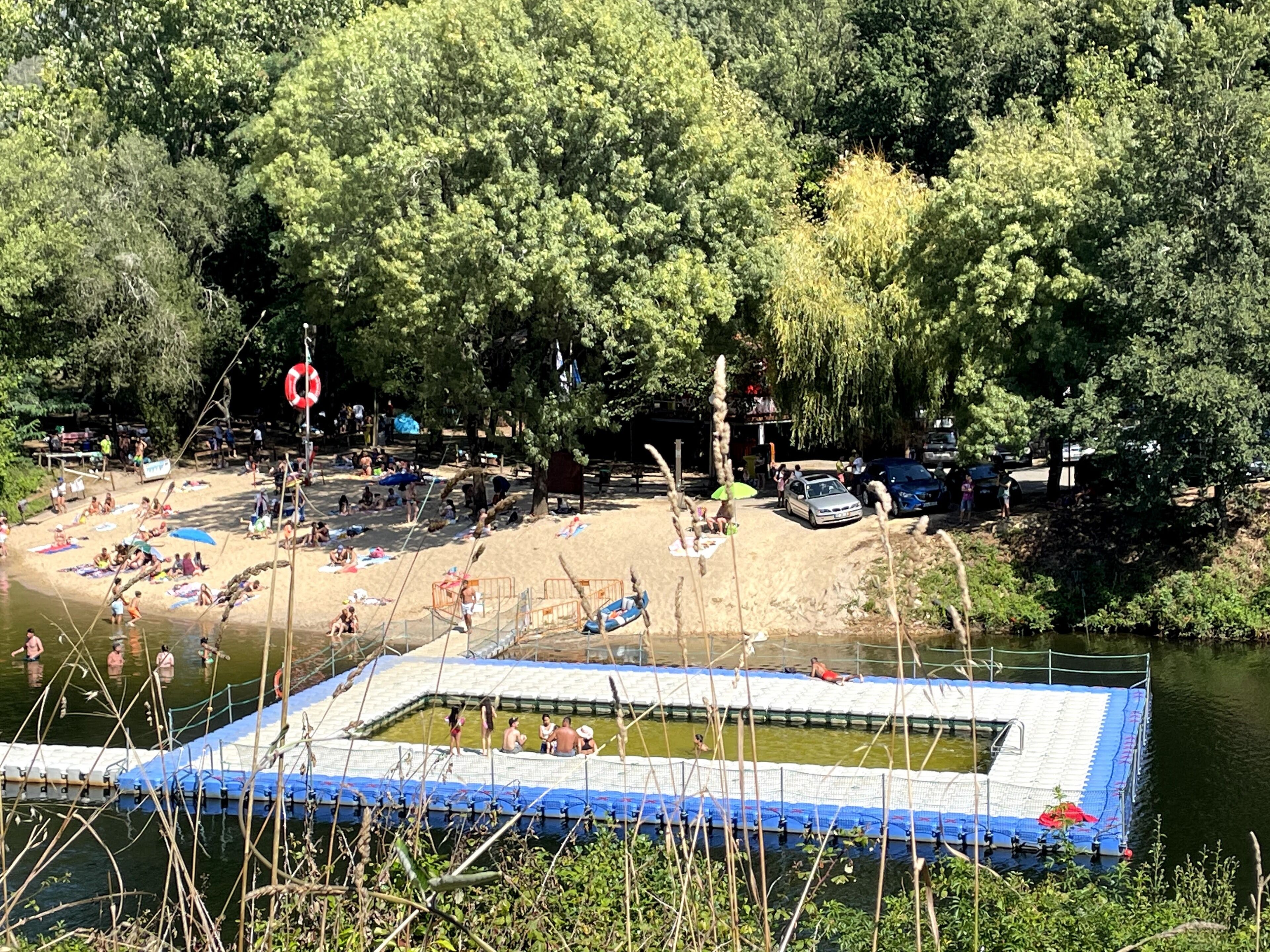 A beach area with a swimming pool, sand, and trees.