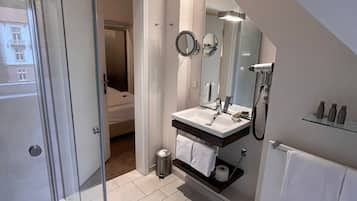 Economy Double Room | Bathroom | Designer toiletries, hair dryer, towels, soap
