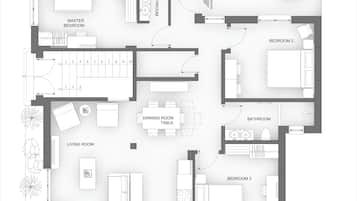 Grundriss von Thalias Quarters – The Mansion – Kalamata Mediterranean Villas, mit Schlafzimmer, zwei Schlafzimmern, einem Badezimmer, einer Küche, einem Esszimmer und einem Wohnzimmer.
