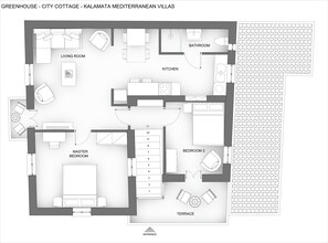 A floor plan of a city cottage with a master bedroom, two bedrooms, a terrace, a kitchen, a living room, and a bathroom. - Greenhouse - Kalamata Mediterranean Suites & Villas (Kalamata)