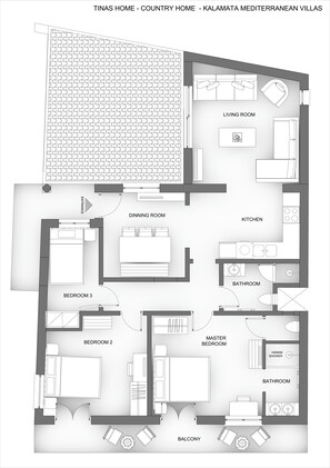 A floor plan of a country home with a living room, kitchen, dining room, three bedrooms, two bathrooms, and a balcony.