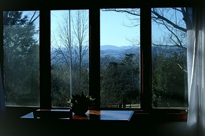 A room with a large window offering a view of a forested landscape and mountains. - Water Trough Hill - Views of Lexington (Buena Vista)