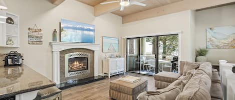 TV, fireplace, books