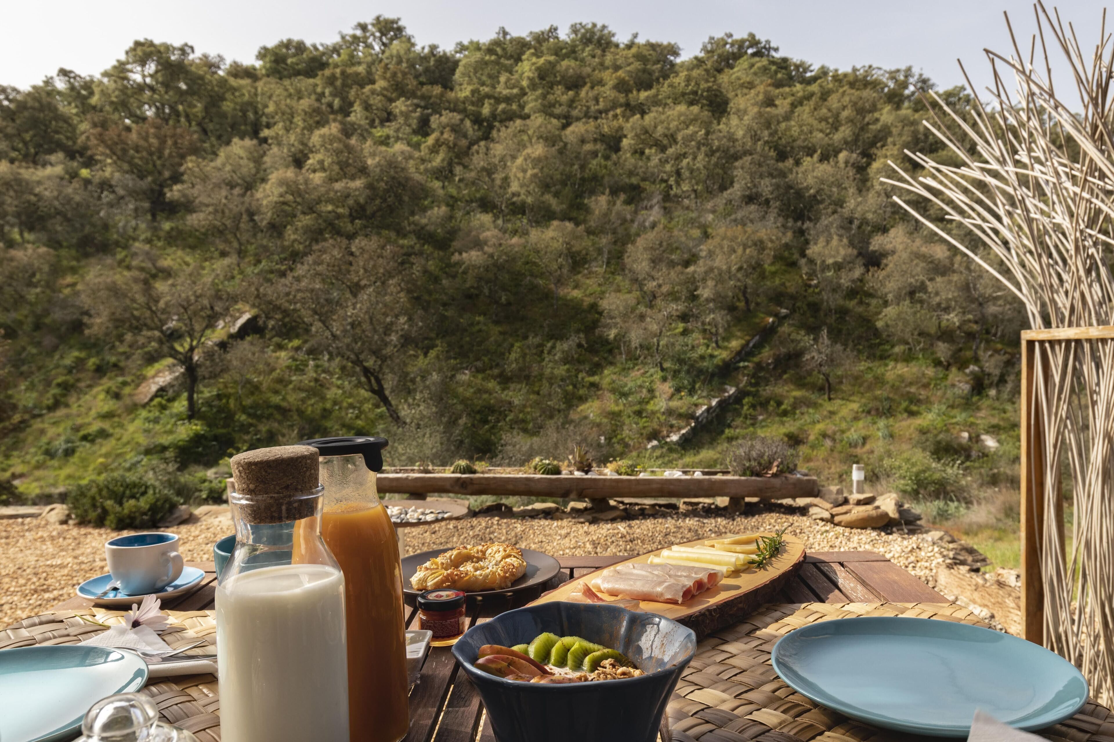 A breakfast setup with a bottle of milk, a bowl of fruit, and a plate of food on a table with a view of a forested hillside.