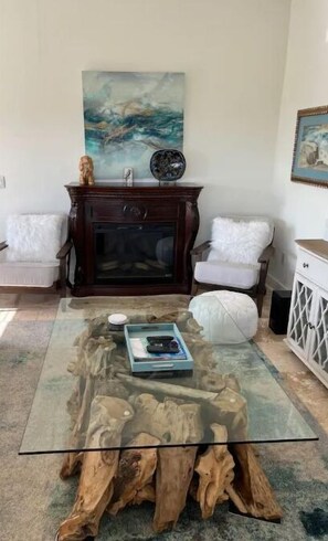 Smart TV, chimenea, reproductor de DVD, libros