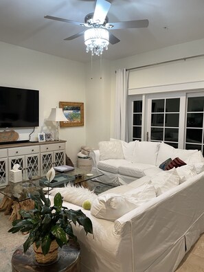 Smart TV, lareira, DVD player, livros