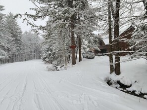 Drive through the serene winter landscape to STRUC GLEN, nestled among tall evergreen trees.