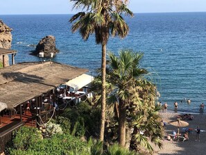 A beachside restaurant with outdoor seating overlooking the ocean, palm trees, and a rocky outcrop.