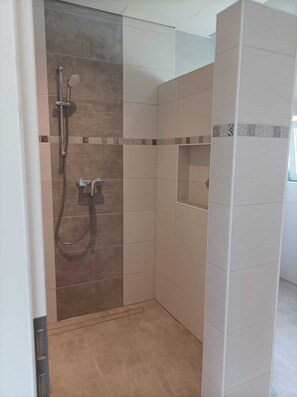 Shower, hair dryer, soap, toilet paper